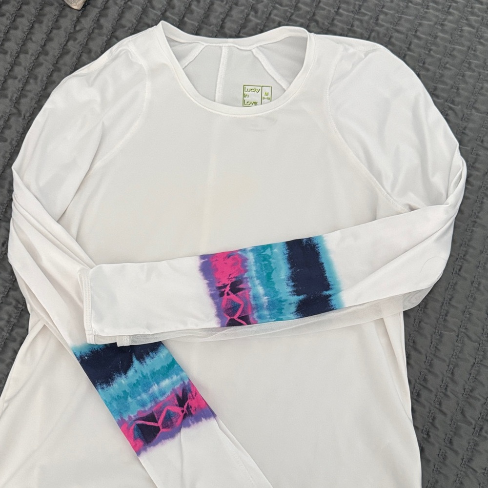 Lucky in Love White Long Sleeve Top with Tie-Dye Accents